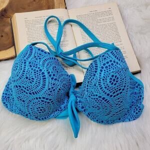 Aerie Blakely Women Crochet Front Ribbon Lace‎ Halter Bikini Top Blue Size 34D